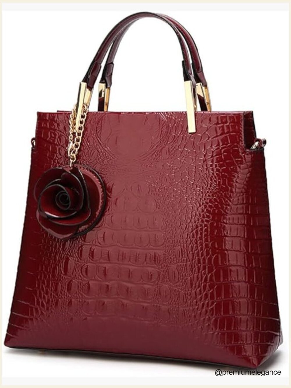 Patent Leather Croc Tote Satchel with Flower Pendant